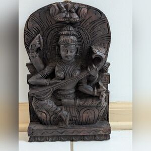 Intricate Saraswati Playing Veena Hand-Carved Wooden Sculpture Wall Hanging
